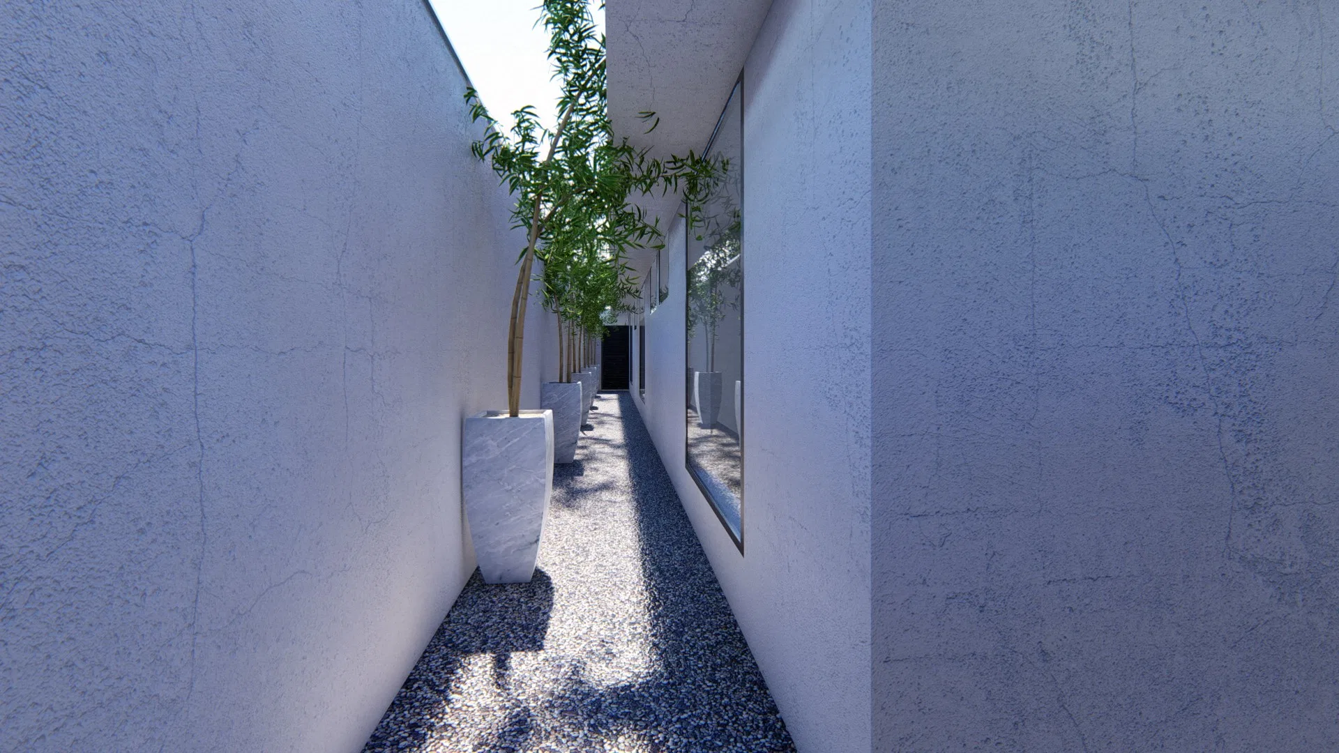Pebble corridor in perspective, tapered planters of slender foliage between softly textured pale walls