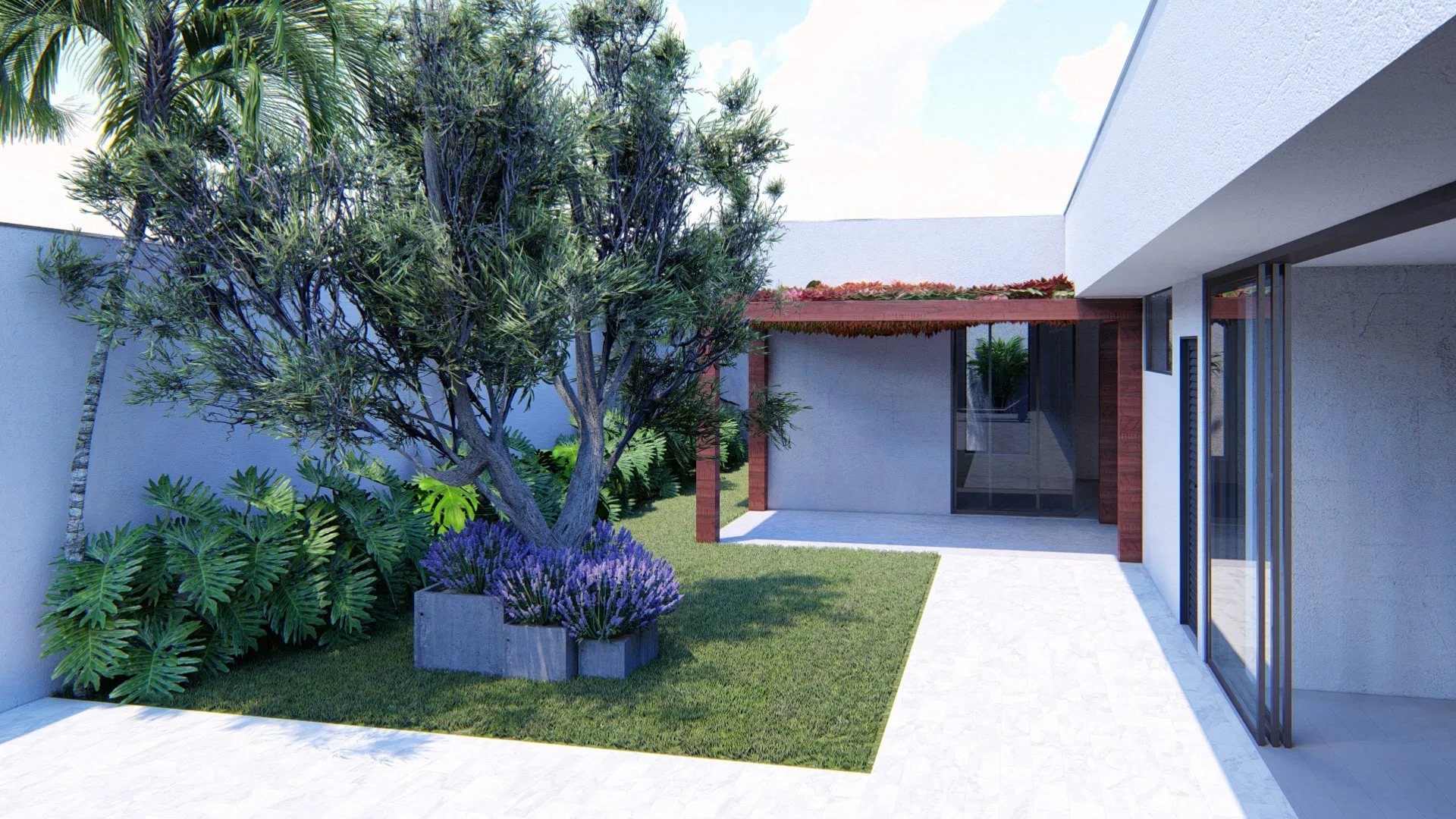 Grassed inner courtyard with an open-canopy tree, concrete planters of lavender and beds of split leaves beside the porch