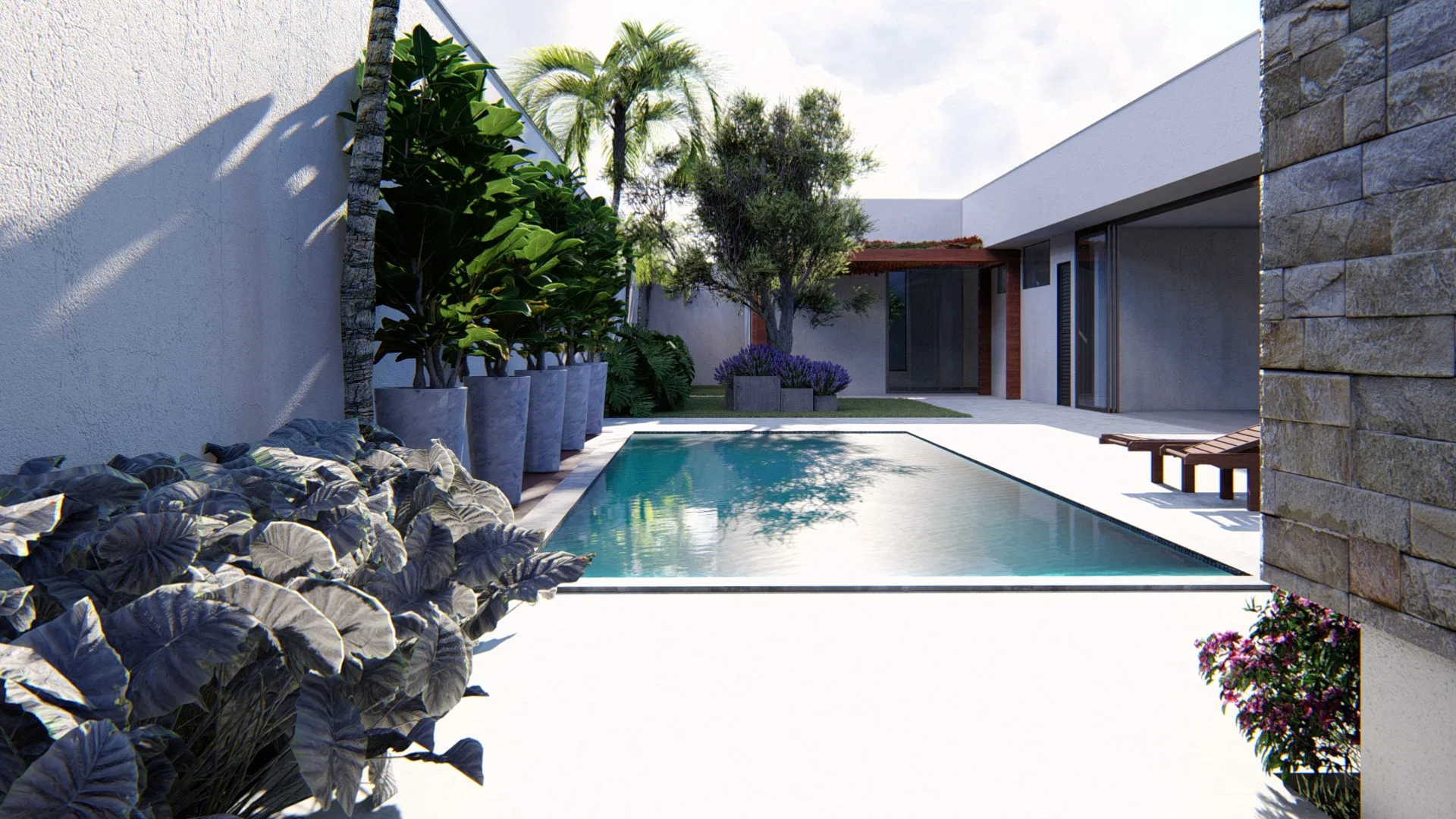 Rectangular pool flanked by tall concrete planters with broad foliage, a stone wall behind and a mass of dark leaves in the foreground