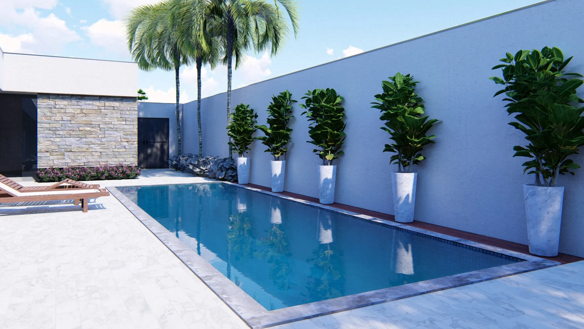Long pool with a row of white tapered planters and fiddle-leaf figs against the wall, a lounger and palms beyond