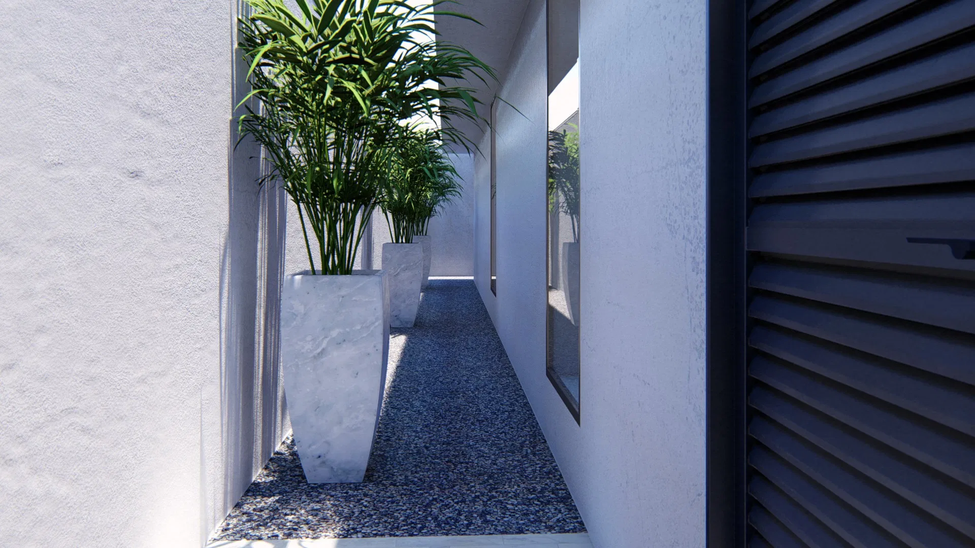 Pebble passage between pale walls, white tapered pots of bamboo palms and a dark louvered panel to the right