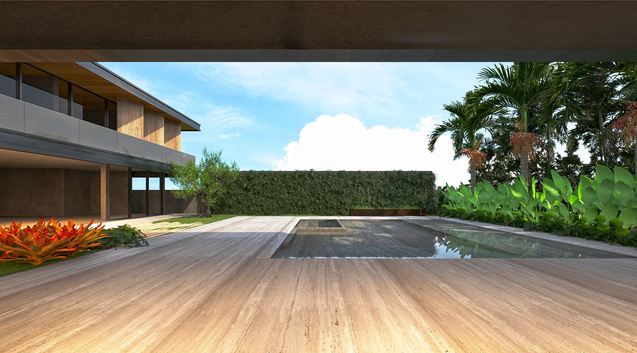 Long pool seen from beneath a terrace slab, with a hedge backdrop, palms on the right and the house wing on the left