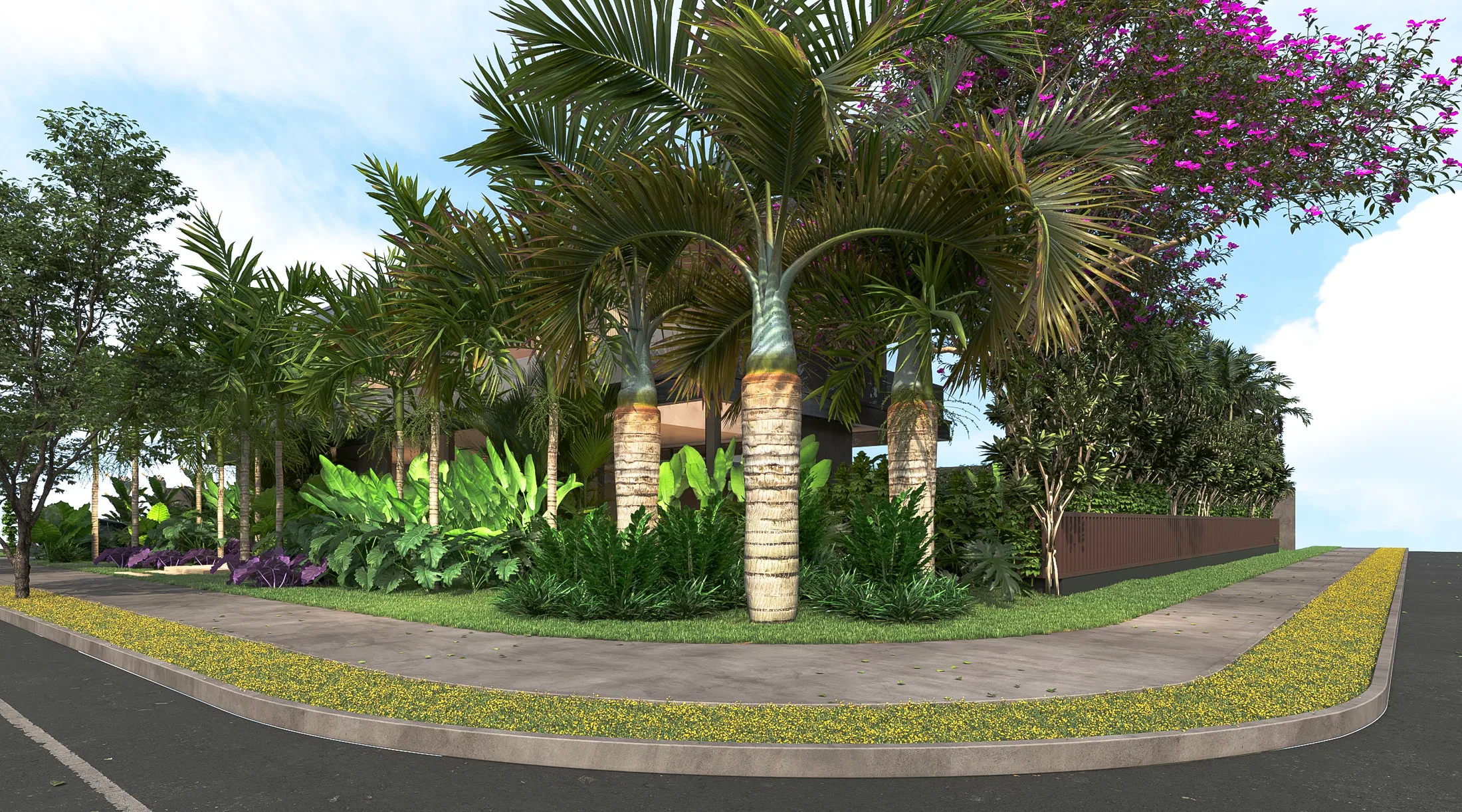 Raised corner planting bed with bottle palms, tropical foliage and yellow ground cover following the curved sidewalk