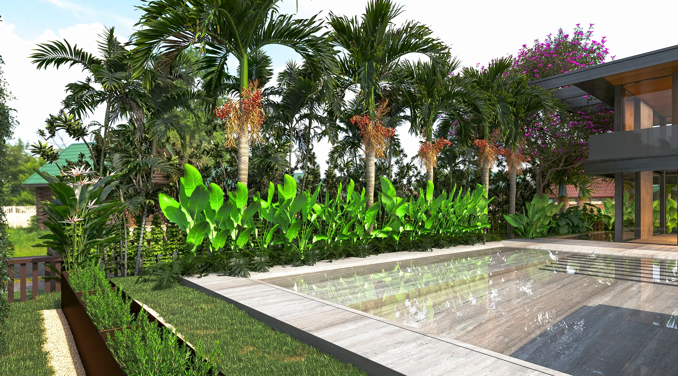Pool edge with a row of green foliage, palms bearing orange fruit behind and the glass-and-wood house on the right