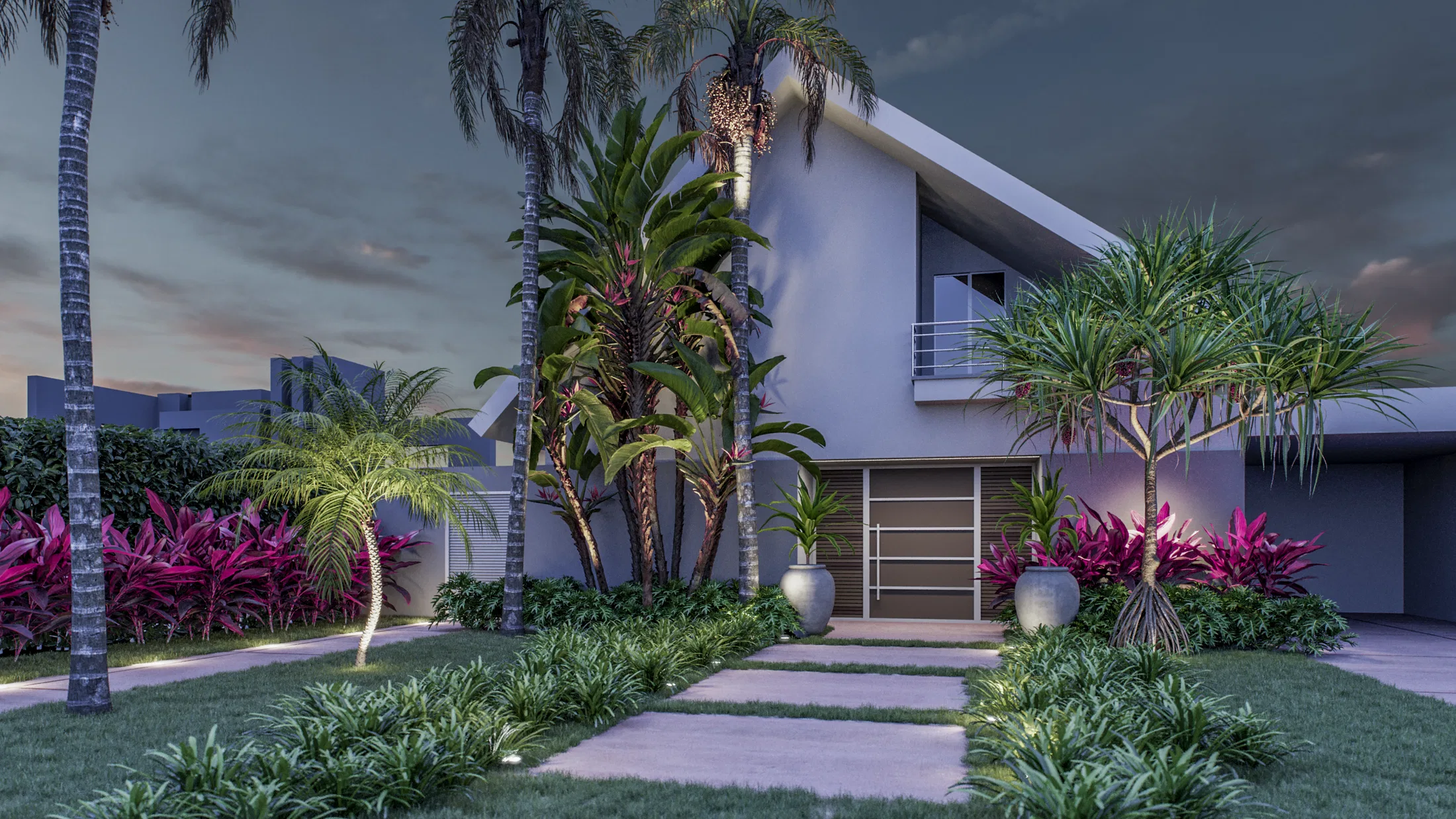 Contemporary facade at dusk framed by palms, magenta foliage and a rectangular stepping-stone path across the lawn, with violet lighting on the wall