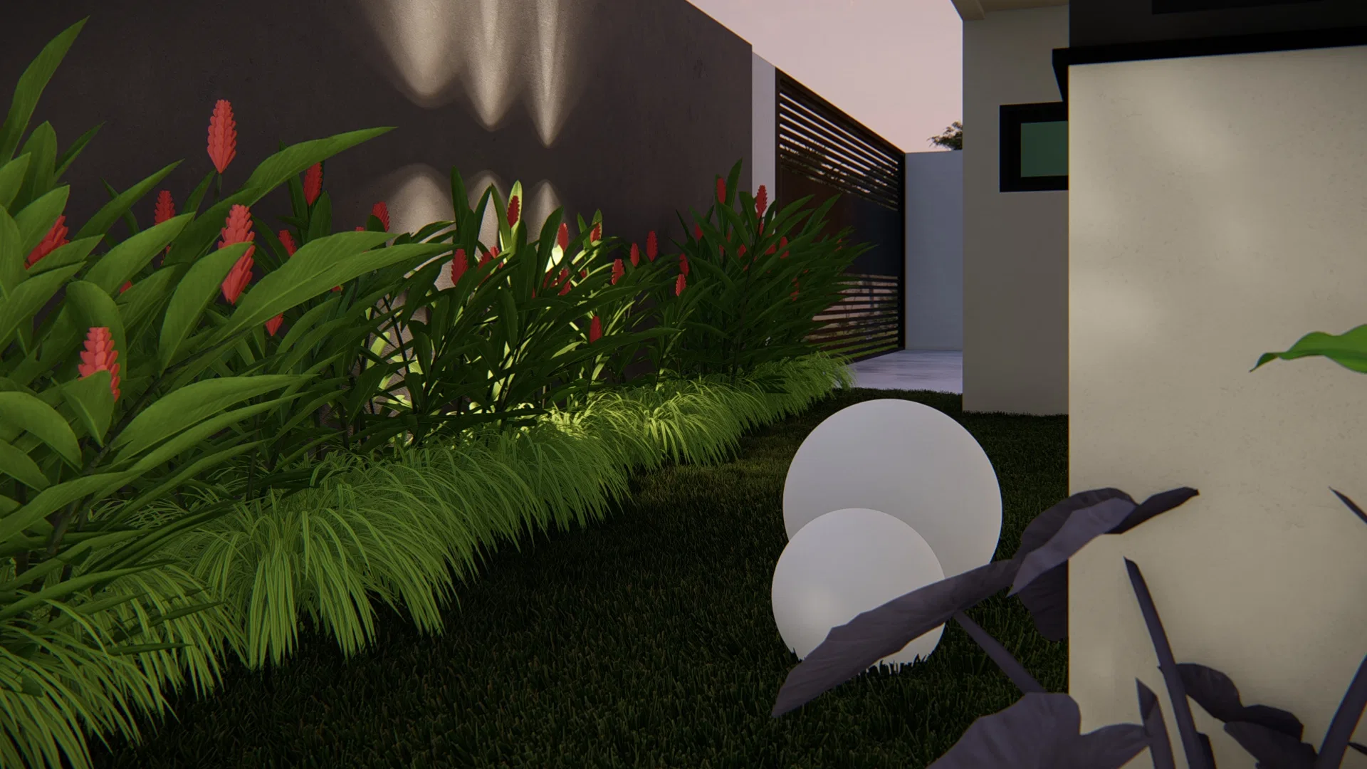 Night detail of a red-flowering bed lit from below, with glowing white spheres resting on the lawn