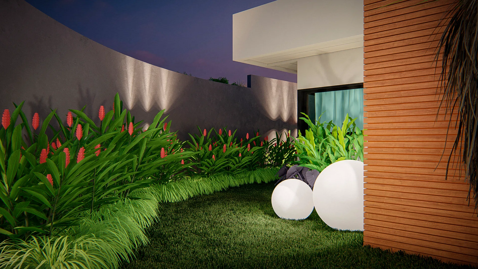 Bed of ornamental grass with red blooms beside a curved wall, lawn and glowing white spheres at the foot of a slatted panel