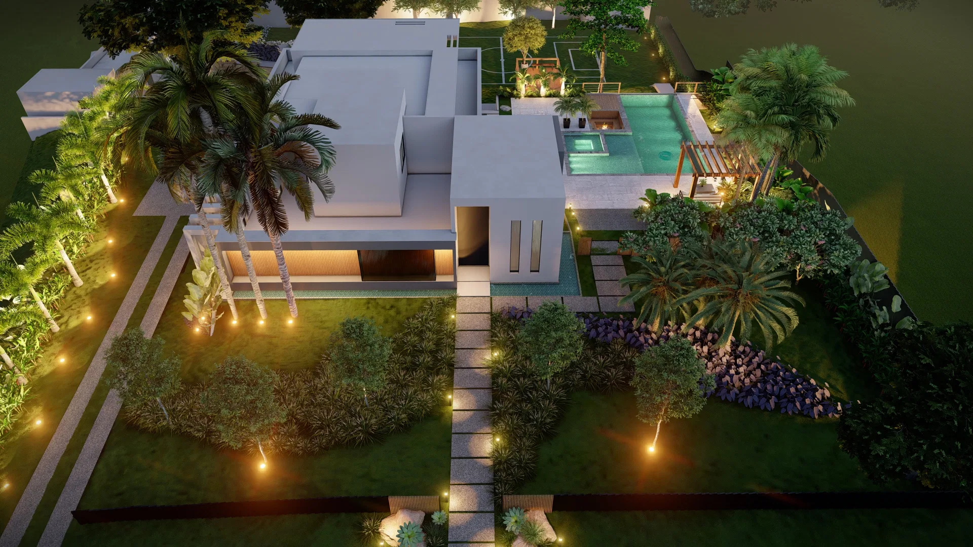 Night aerial view of the house with pool, pergola and garden paths lit by points of light along the perimeter