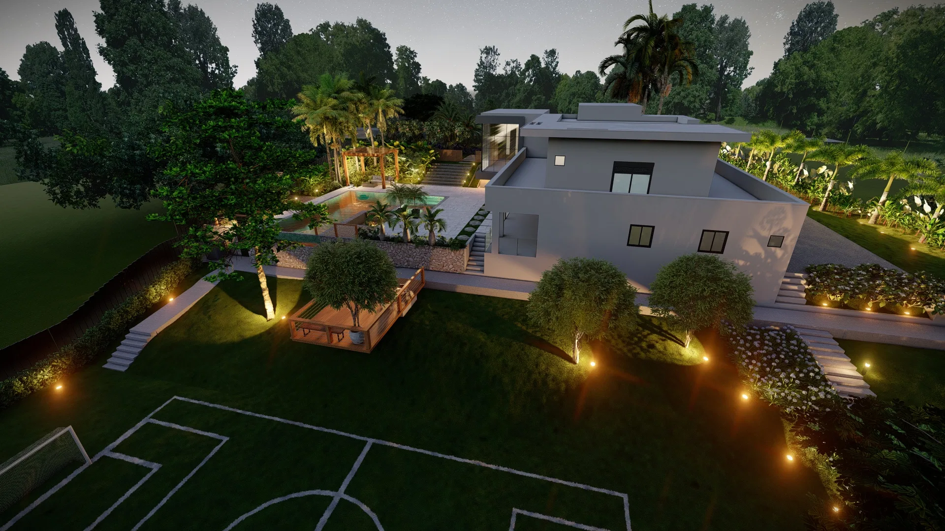 Aerial view of the full property with house, pool, seating deck and a grass sports court in the back, lit gardens