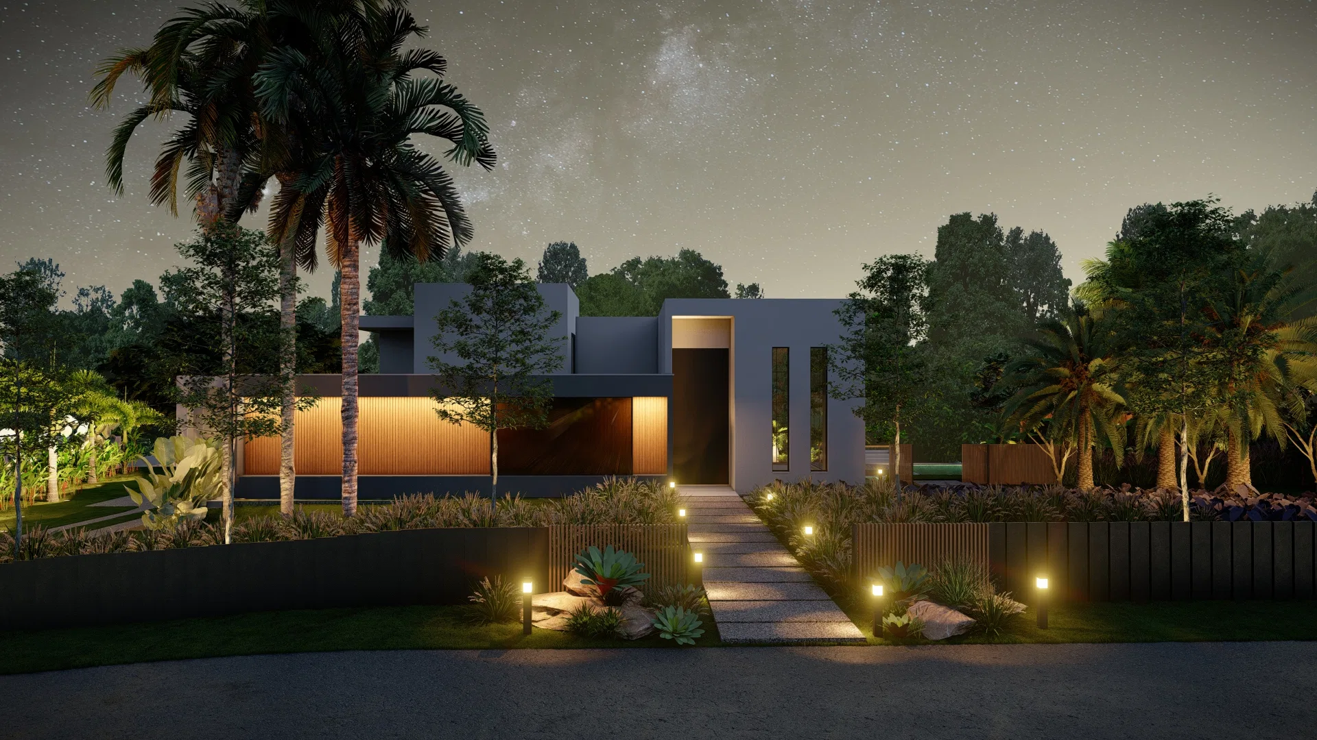 Night view of a contemporary single-story house facade with tall palm trees, a walkway lit by low fixtures and a starry sky