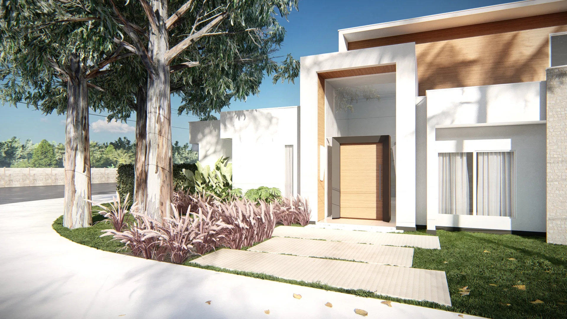 House entrance with a wood door, large trees and an ornamental grass bed along the path