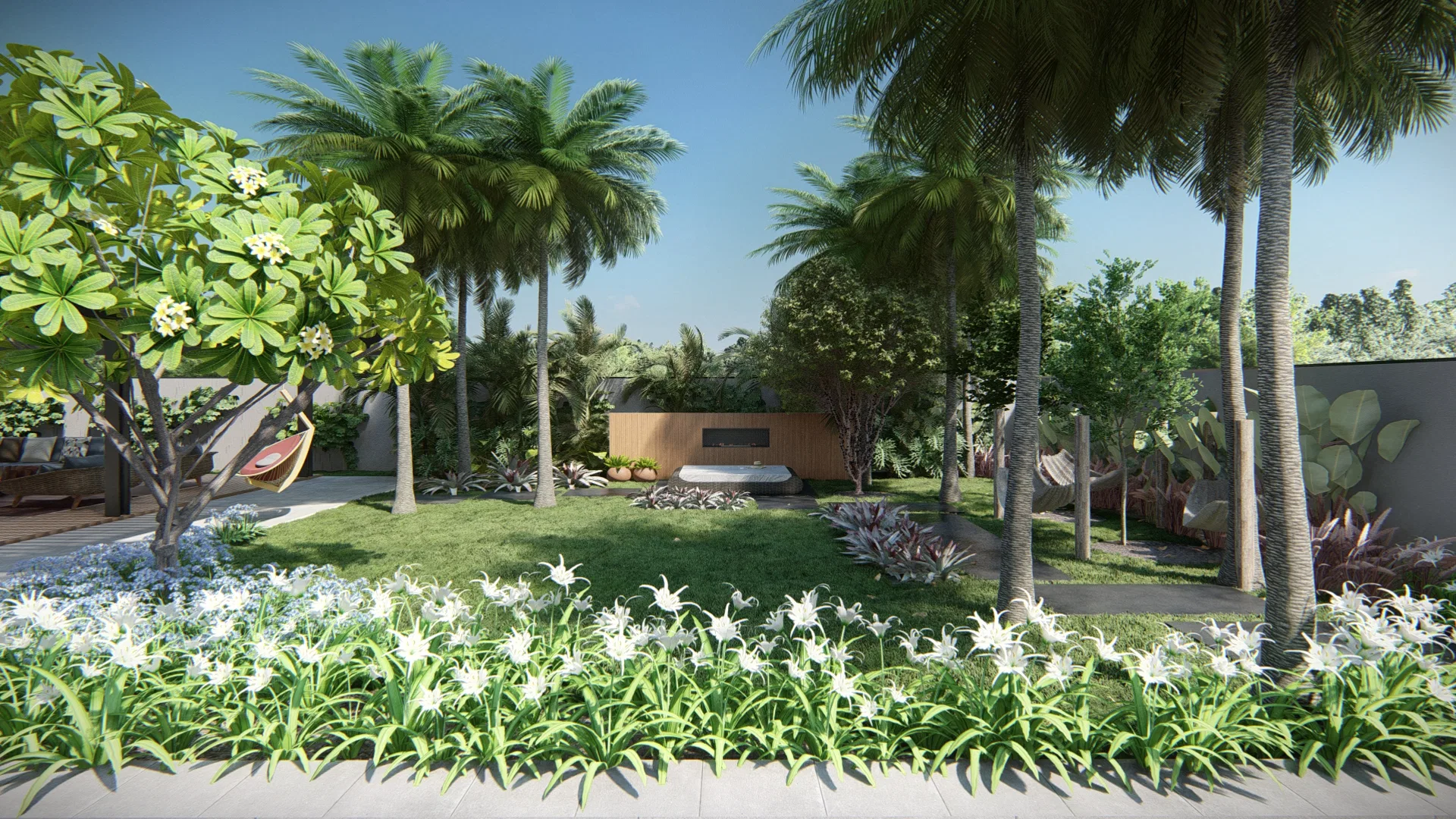 Backyard with a flowering tree, hammocks strung between palm trees and a bed of white flowers in the foreground