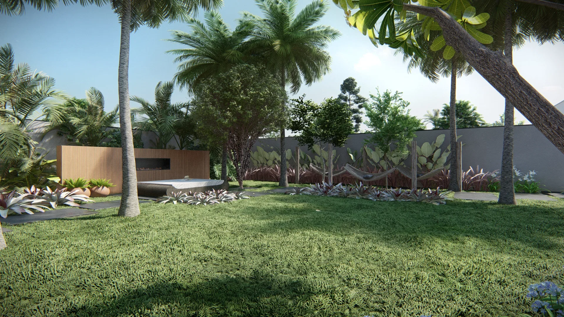Lawned backyard with a slatted wood volume in the background, palm trees, succulent beds and a stone path