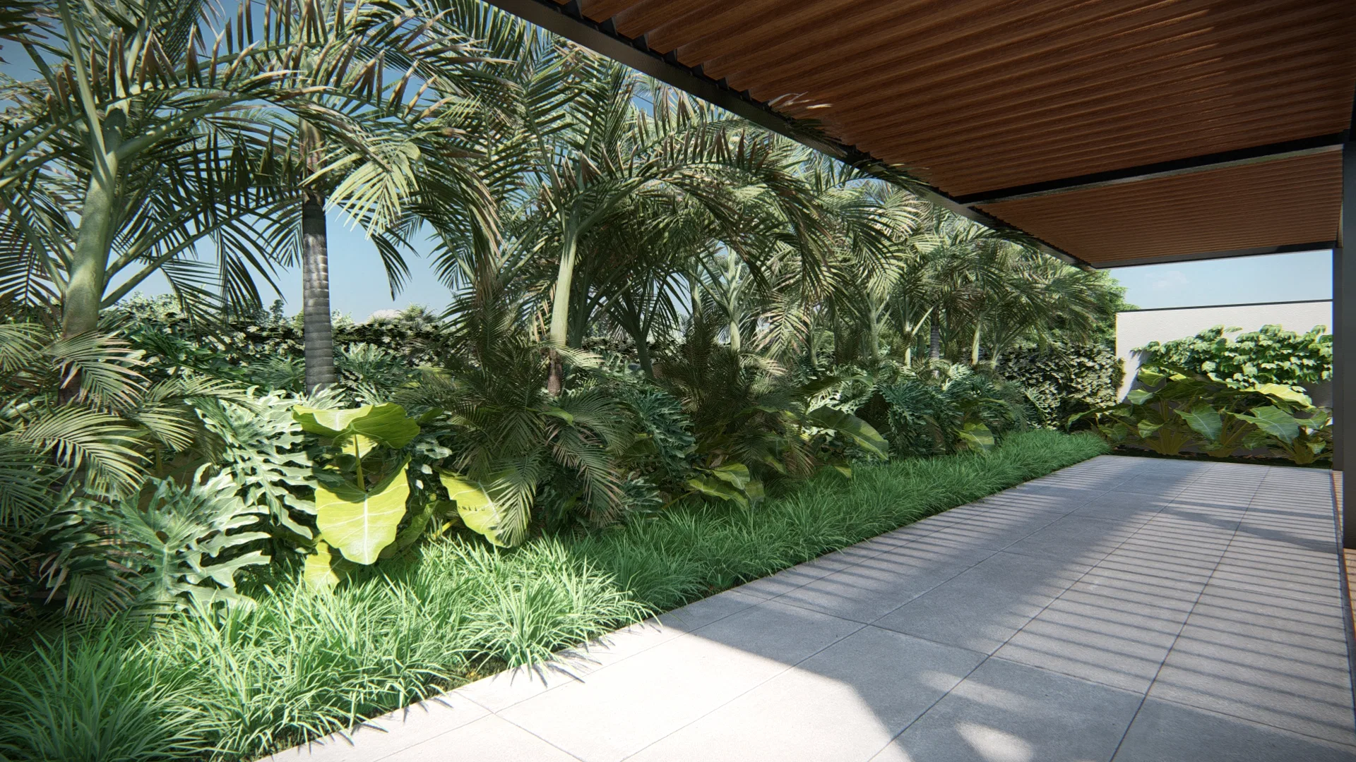 Covered passage lined with dense tropical planting, broad-leaved foliage and lawn beneath a wood pergola