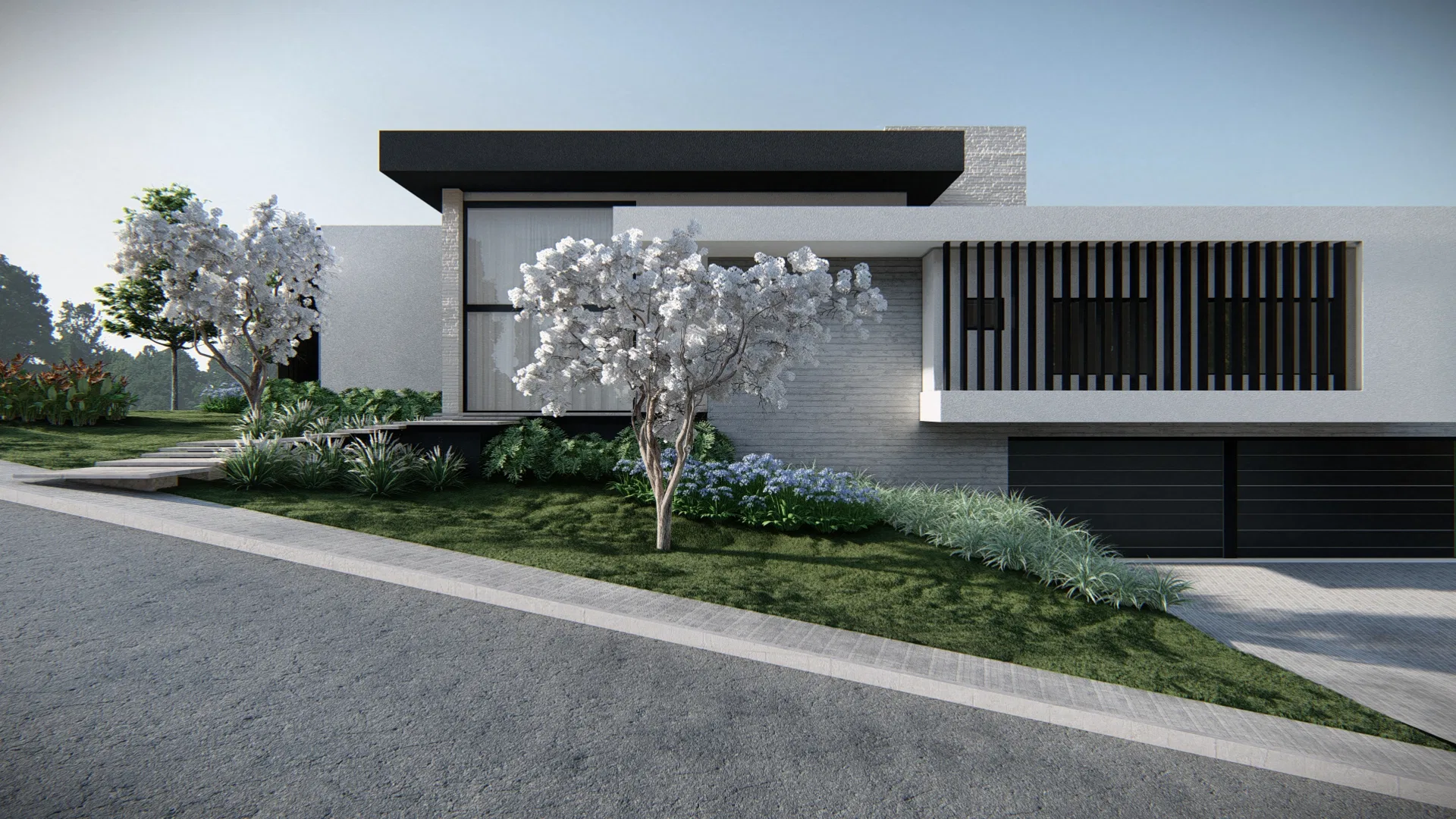 Minimalist facade of white volumes and dark slats, with white-flowering trees, agapanthus and grasses on the sloping garden.