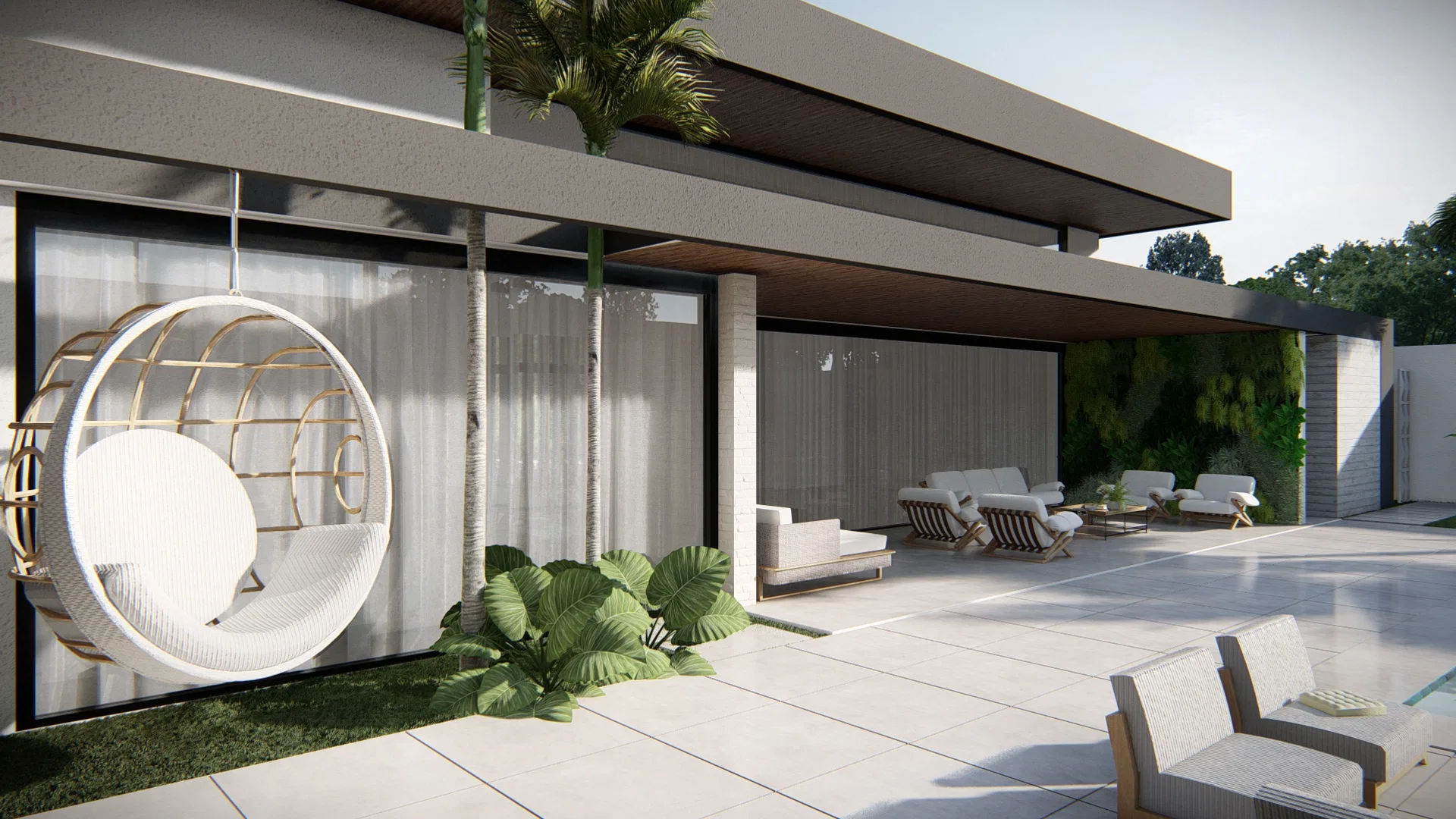 Covered patio with a hanging egg chair by a curtained glass wall, white sofa seating and large porcelain-tile flooring.
