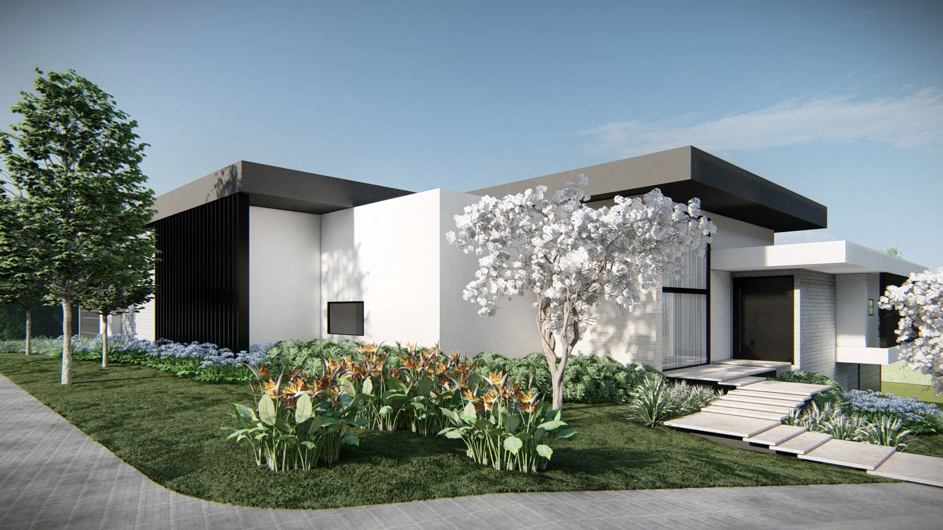 White-and-black house volume with a flowering tree, orange bird-of-paradise blooms and a stepping-stone path to the entrance.